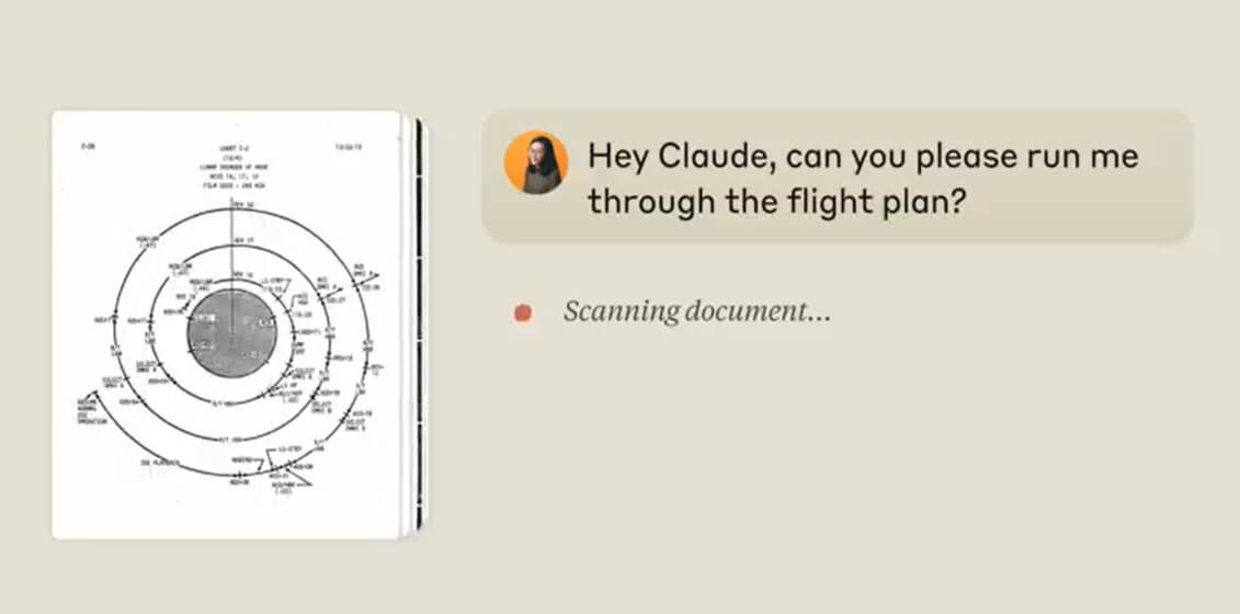 Screenshot showing Claude's PDF vision feature with a user asking, 'Hey Claude, can you please run me through the flight plan?' as the AI scans a document containing a complex diagram. This illustrates Claude's ability to interpret and analyze visual content within PDFs.