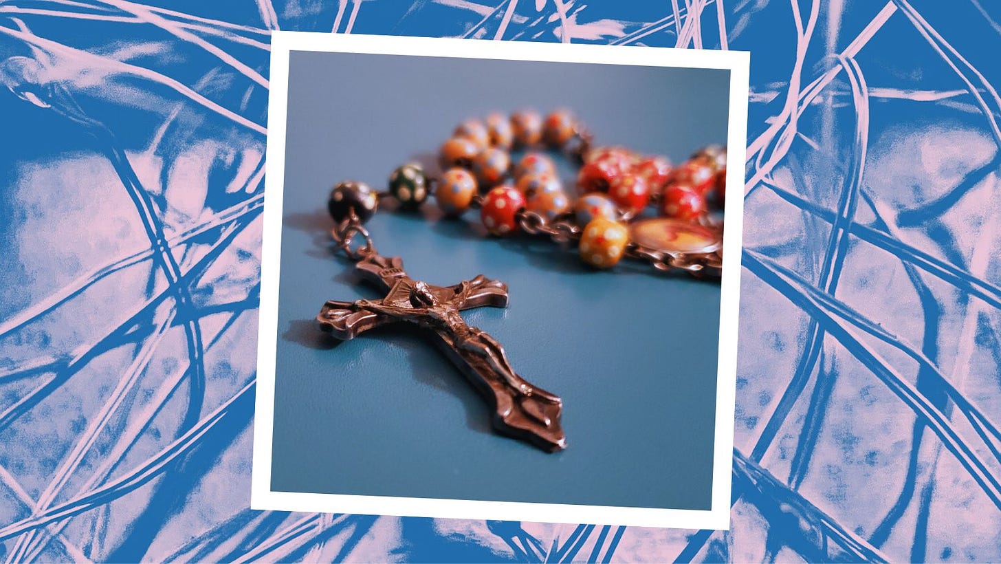 A polaroid style photograph of a multicolored rosary sits on top of a blue hued photograph of what looks like tangled barbed wire