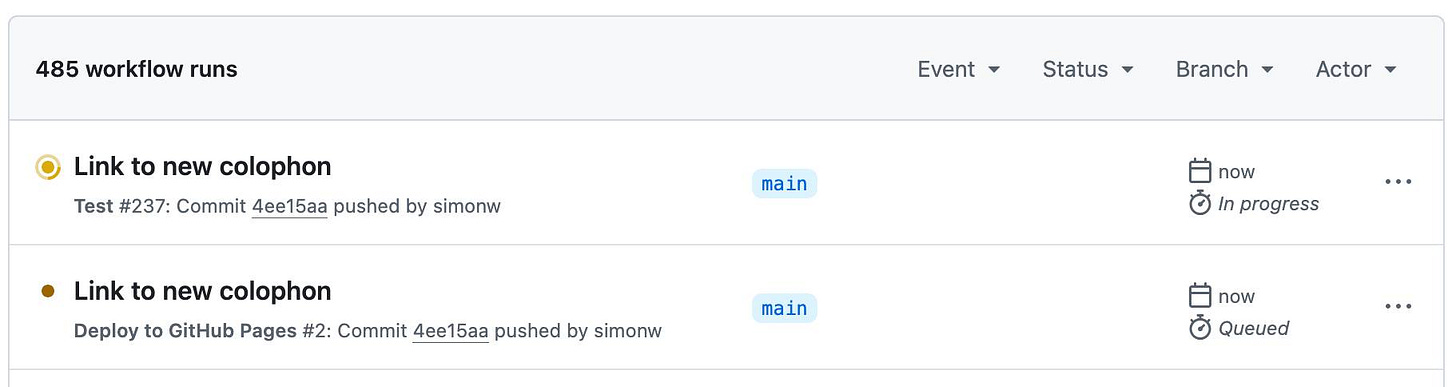 Only two in-progress workflows now, one is the Test one and the other is the Deploy to GitHub Pages one.