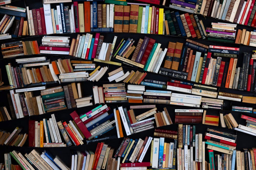 A bookshelf set up in the street during a literature festival. (Joel Saget/AFP via Getty Images)