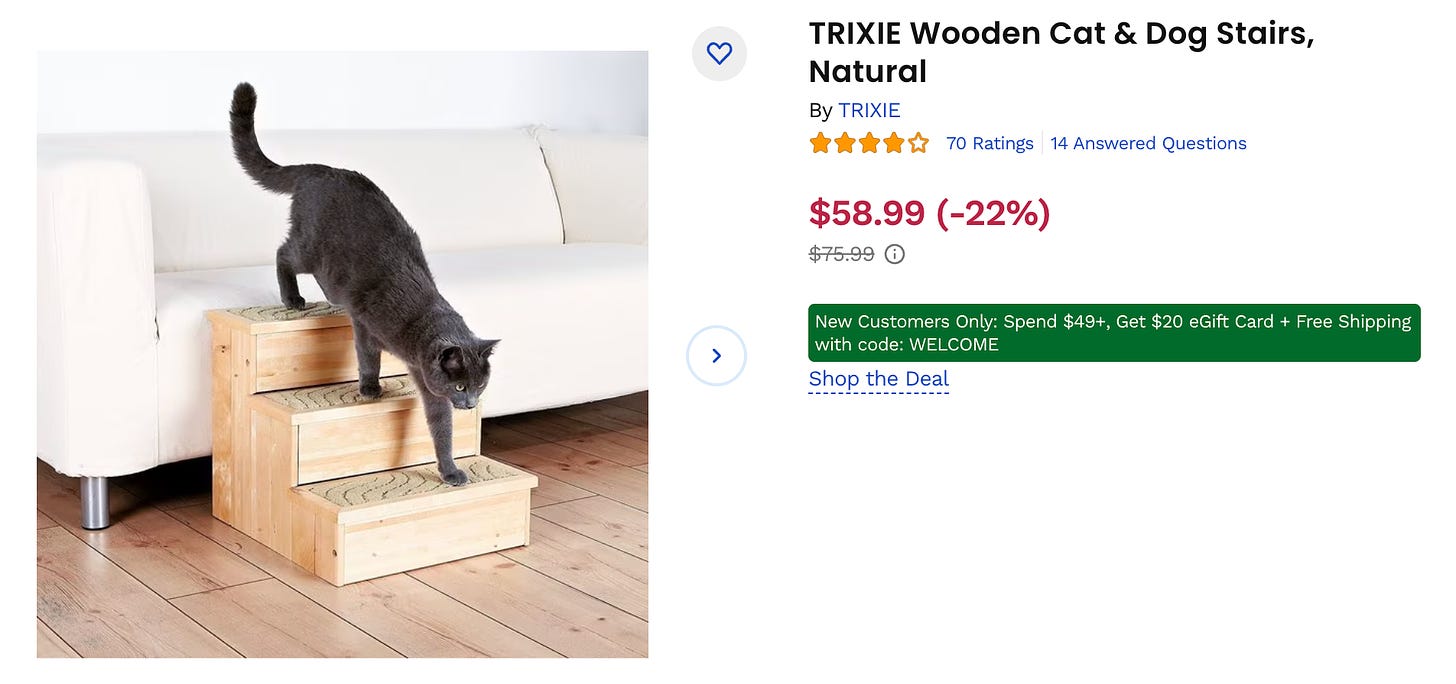 screenshot from the chewy.com website showing a cat walking down a pet staircase and price of $58.99