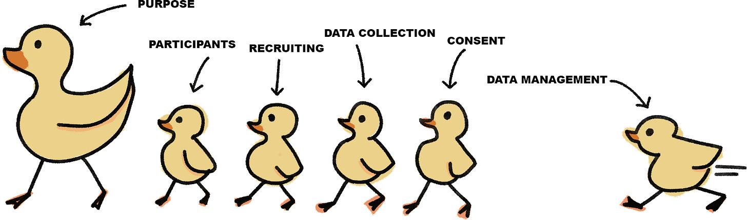 An illustration shows a mother duck labeled 'PURPOSE' leading a row of ducklings representing stages in a research process. The ducklings are labeled 'PARTICIPANTS,' 'RECRUITING,' 'DATA COLLECTION,' and 'CONSENT.' The last duckling, labeled 'DATA MANAGEMENT,' appears to be running to catch up with the others, highlighting the ongoing effort required in this final stage.