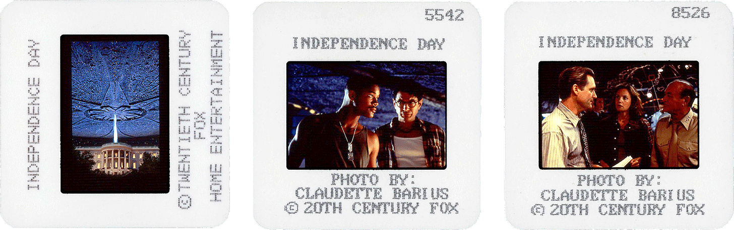 INDEPENDENCE DAY slides; left two photos by Claudette Barius, courtesy of 20th Century Fox
