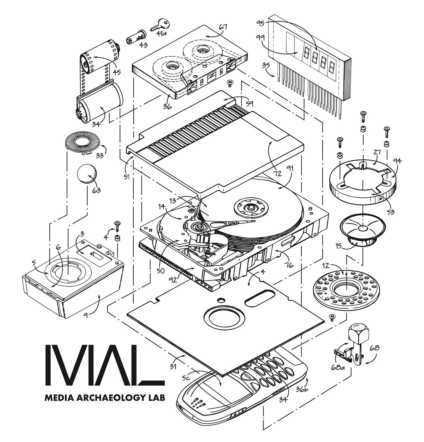 black line drawings of the internal parts of various machines, with the text Media Archaeology Lab