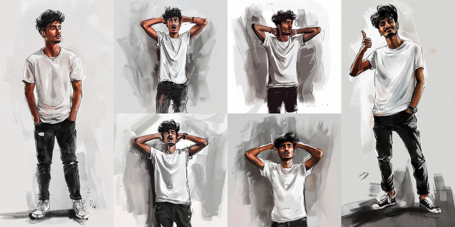 A young Indian man wearing white t-shirt and black jeans in various poses, ink & pastel wash style