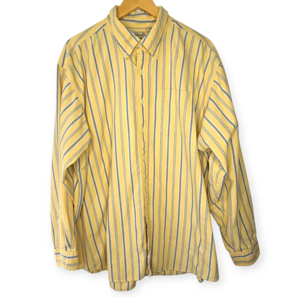 Vintage L.L. Bean Button Down Shirt Size XXL Reg Yellow Blue Striped Cotton - Picture 1 of 16