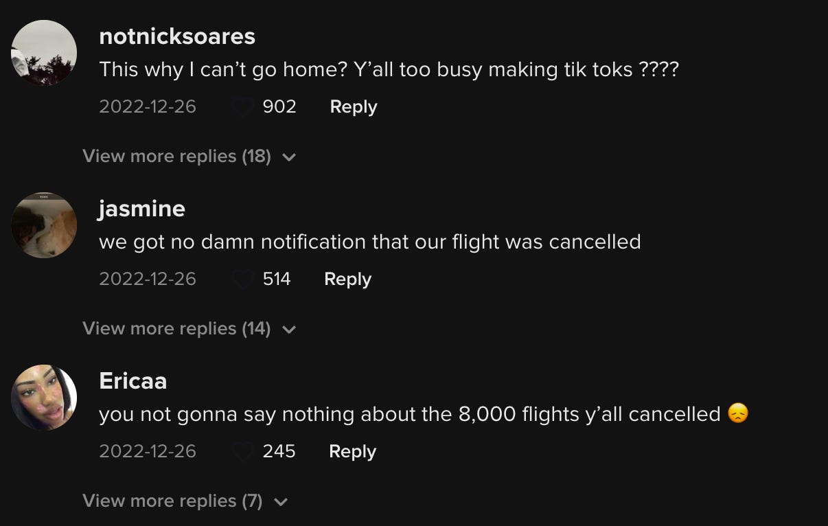 Comments on a recent Southwest TikTok that complain about flight cancellations.