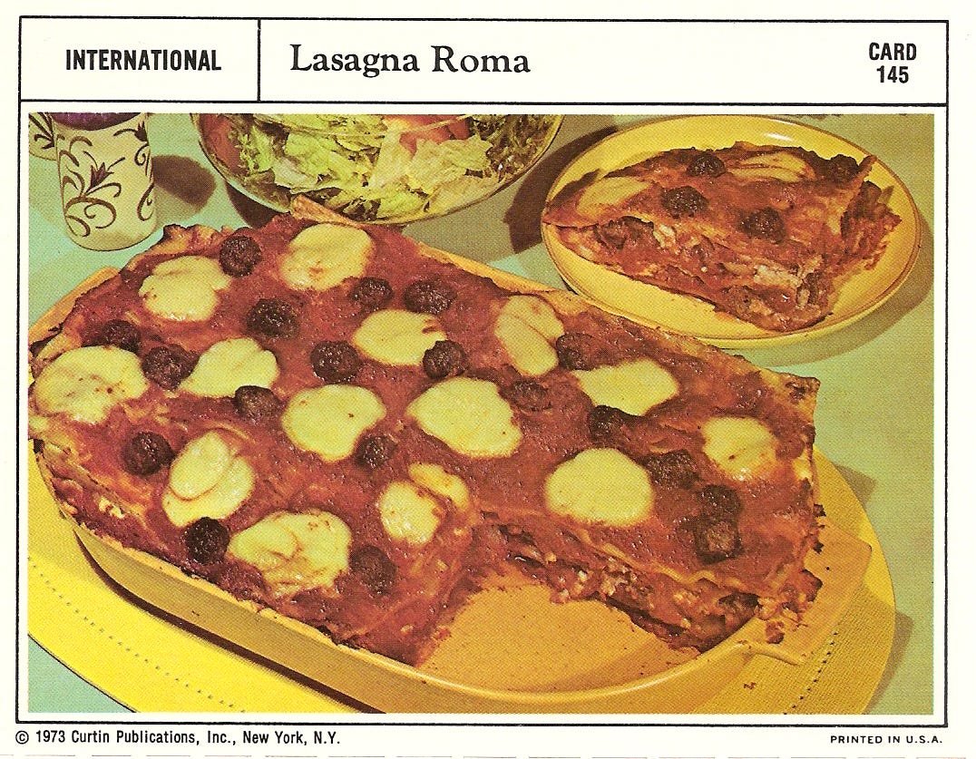 a vintage recipe card of a lasagna inside a deep yellow baking dish, with salad and a slice of that lasagna in the background