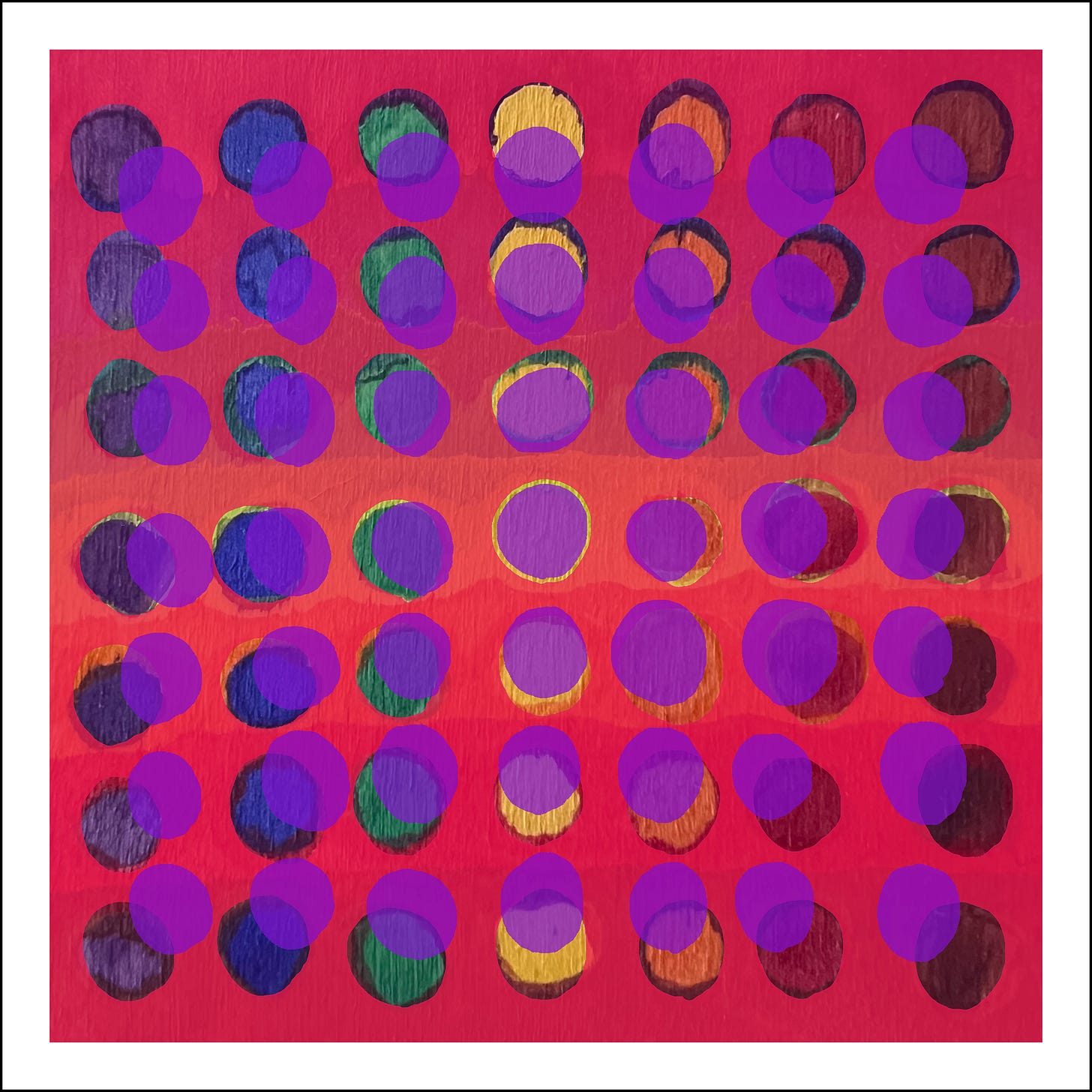 Rainbow Squared Series Six 06. Red Purple. A painting made during the counting of the Omer with 49 dots in an array of colors is offset by 49 purple dots on top of a red background.