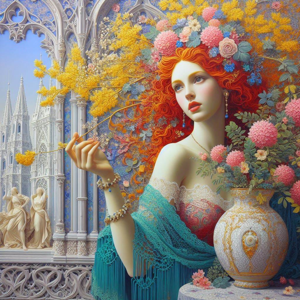on a vase of flowers;chunky oil paint of woman red hair cream neon lace. tiny blue fringe . long shot.  toward camera/window, tapestry in blue; painting of Sintra,Portugal,Pena Palace /Quatrefoil:Gothic Tracery/ ivory highlight/ pink neon. Louver blue decorative ceiling tiles. Moringa tree in foreground bright yellow green. sculptures ivory, cracked porcelain/gold/columns/Misty/ starry purple blue space  chunky painting 