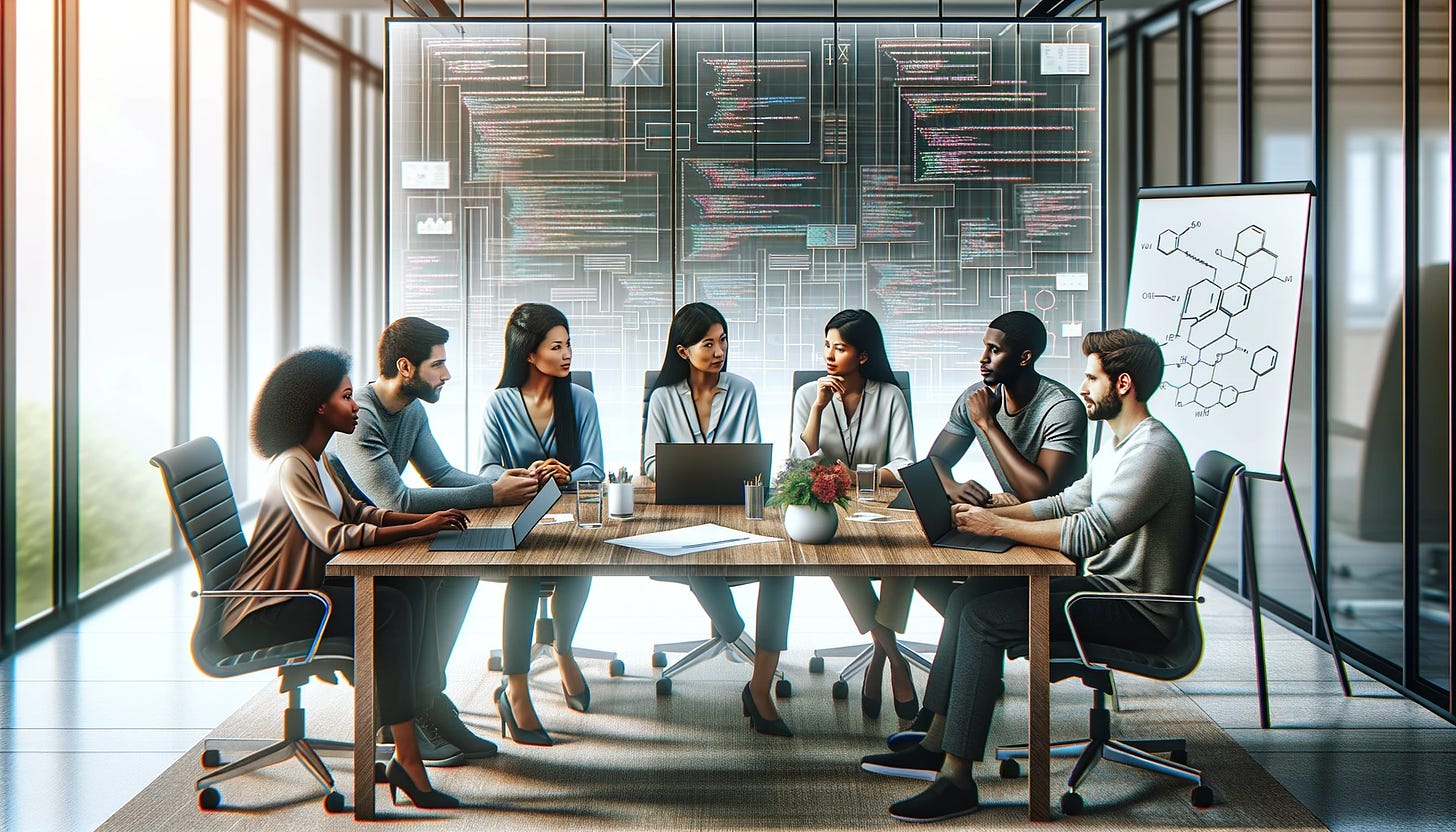 A diverse group of software engineers - a Black woman, a Hispanic man, a South Asian woman, and a Caucasian man - engaged in a collaborative discussion around a sleek conference table, with open laptops, in a well-lit office environment. The background showcases a large, transparent whiteboard filled with flowcharts and code snippets, emphasizing the technical and collaborative nature of software engineering.