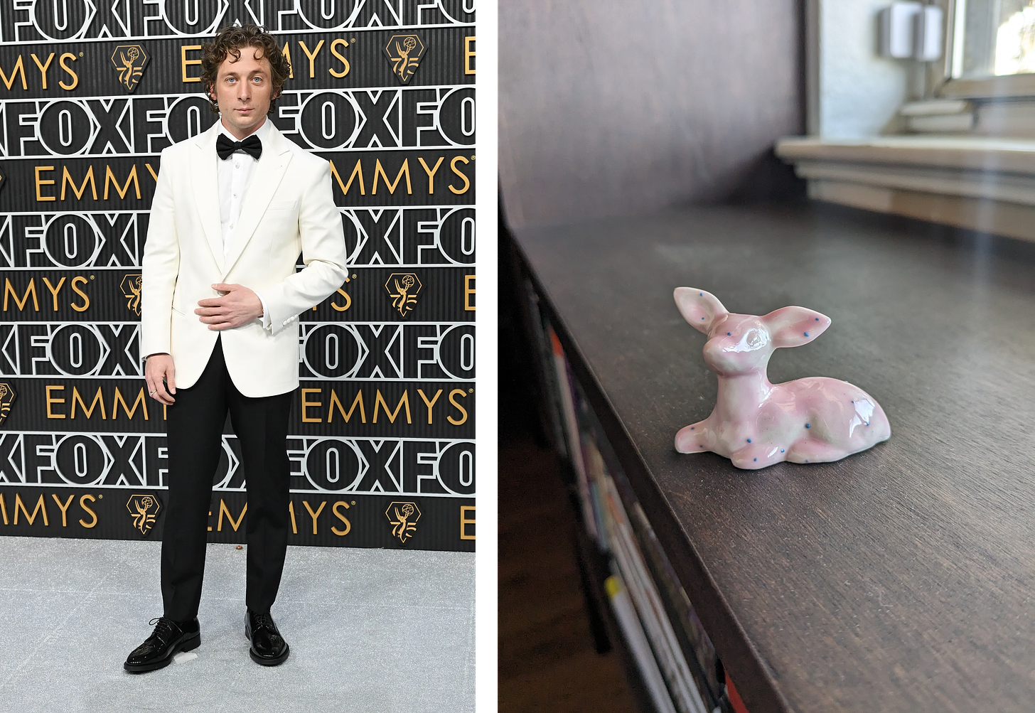 Left: Jeremy Allen White in a white tux and black pants. Right: A pink porcelain deer with periwinkle speckles.