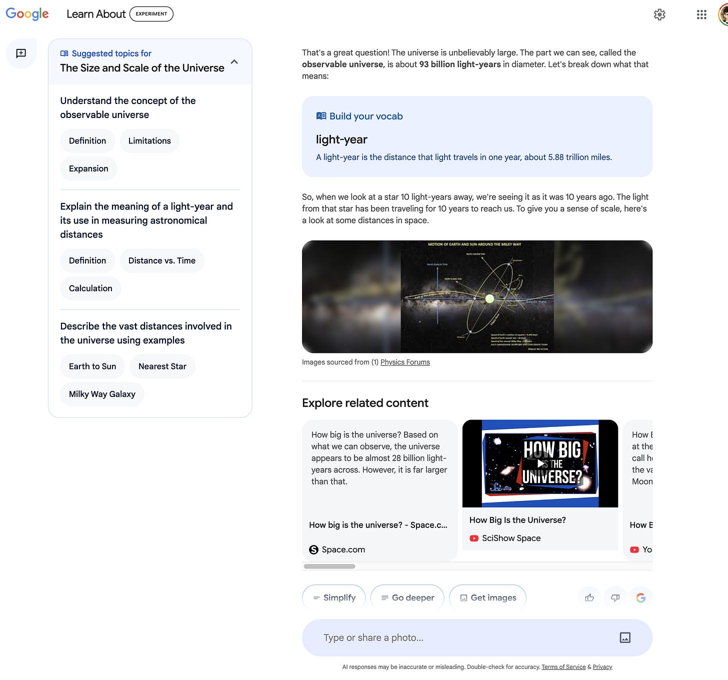 The screenshot answer of Learn About’s response to “how big is the universe?” with suggested topics to follow up, related content links pointing to educational-themed articles and videos.