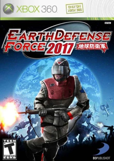 A screenshot of the North American cover of Earth Defense Force 2017, featuring a lone soldier armed with a rifle, a silhouette of the Earth and various aliens and robots and creates behind him, and the game's logo above.