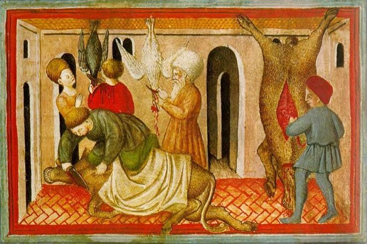 Das Schächten von Tieren in einer Darstellung aus dem 15. Jahrhundert