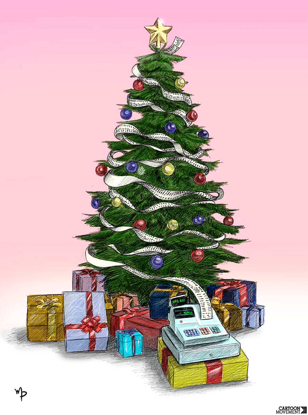 Cartoon showing a Christmas tree with presents beneath it. There is a cash register on one of the presents, spewing out a long, long receipt that is winding around the Christmas tree like a garland.