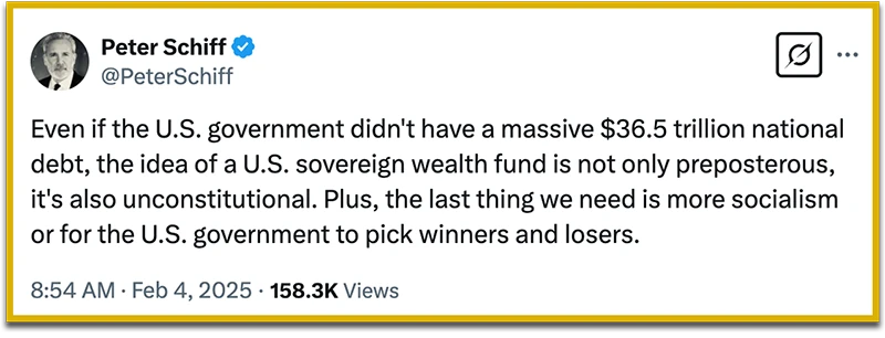 Peter Schiff on Twitter: Even if the U.S. government didn’t have a massive $36.5 trillion national debt, the idea of a U.S. sovereign wealth fund is not only preposterous, it’s also unconstitutional. Plus, the last thing we need is more socialism or for the U.S. government to pick winners and losers.