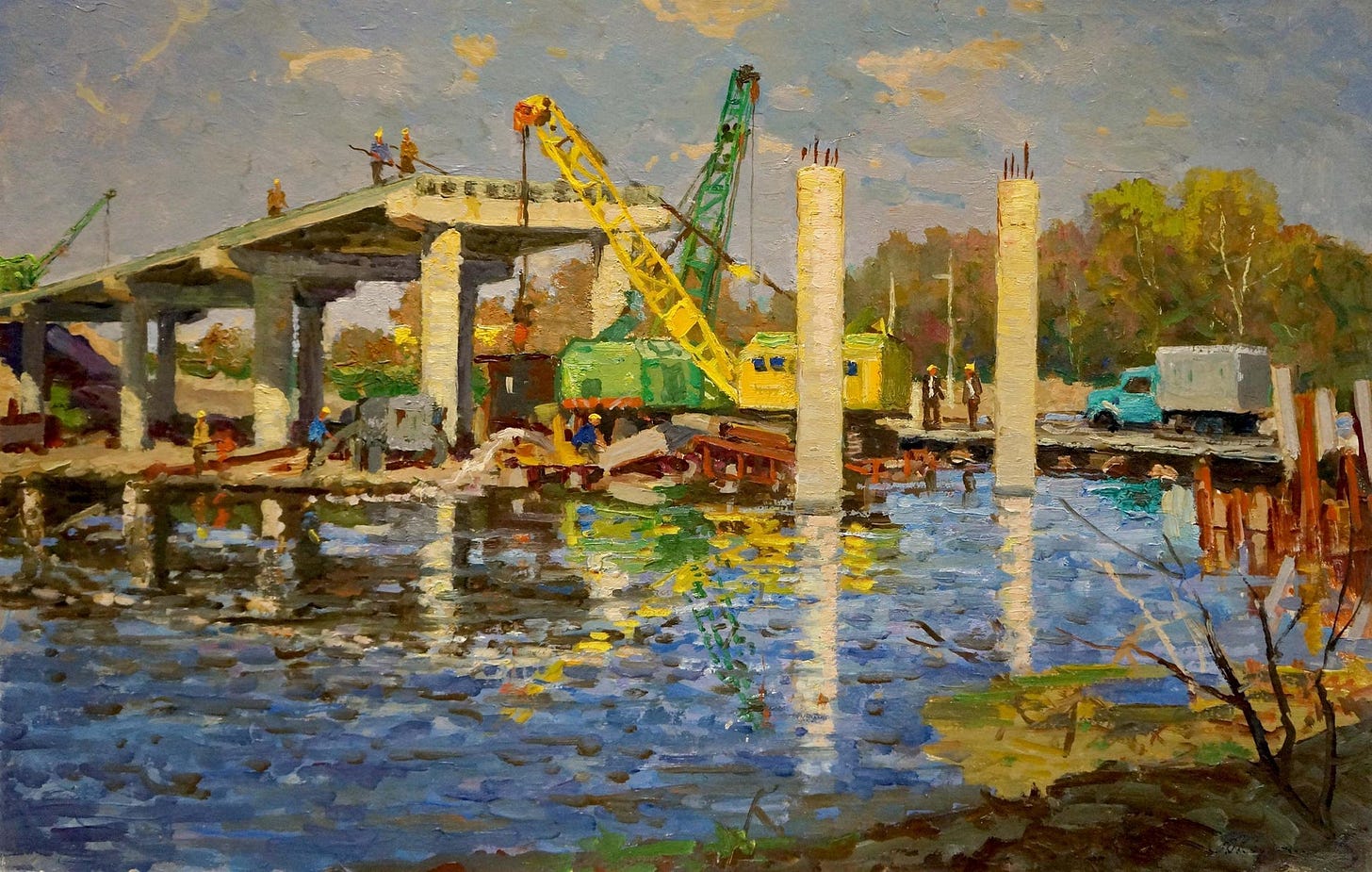 Oil painting Building construction Korygin Konstantin Nikolaevich –  Ukrainian Vintage Co