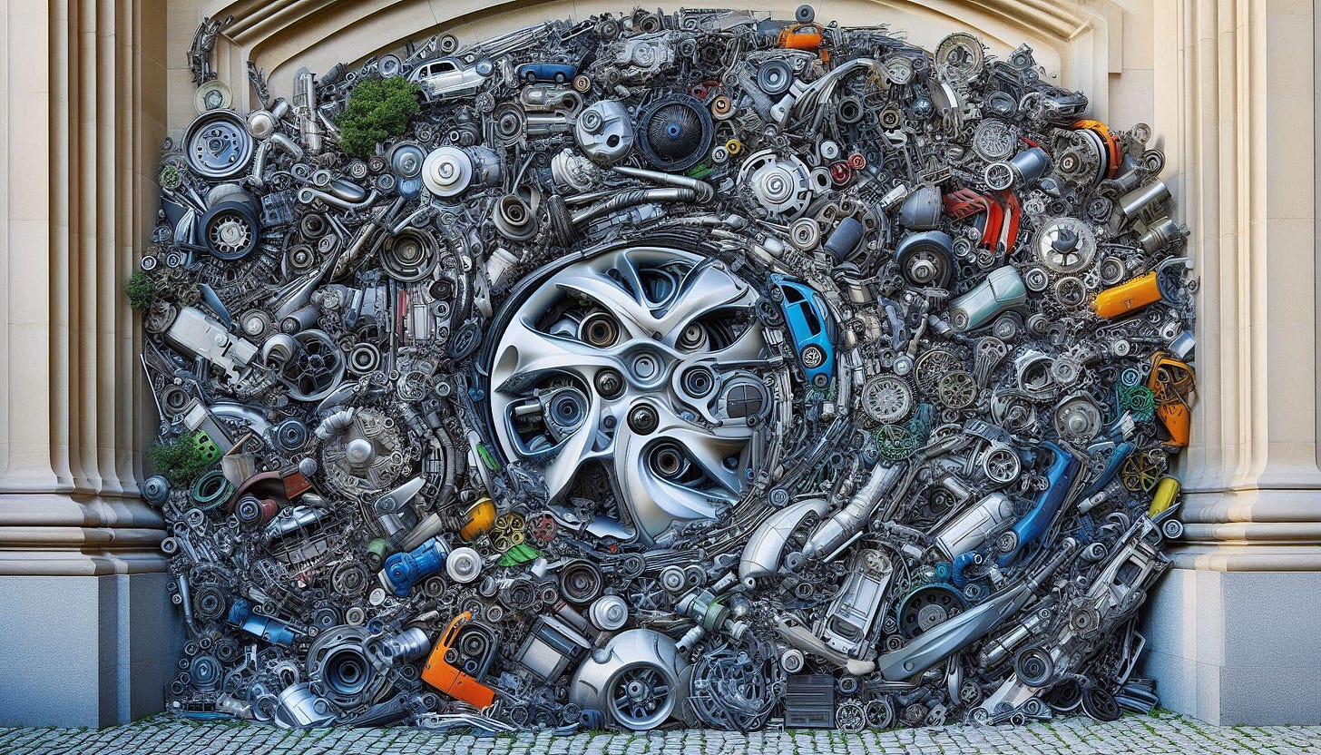 AI generated image of a swirl of reincarnated automotive components emerging from the bardo