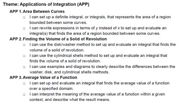 Sample Course Learning Outcomes for applications of integration