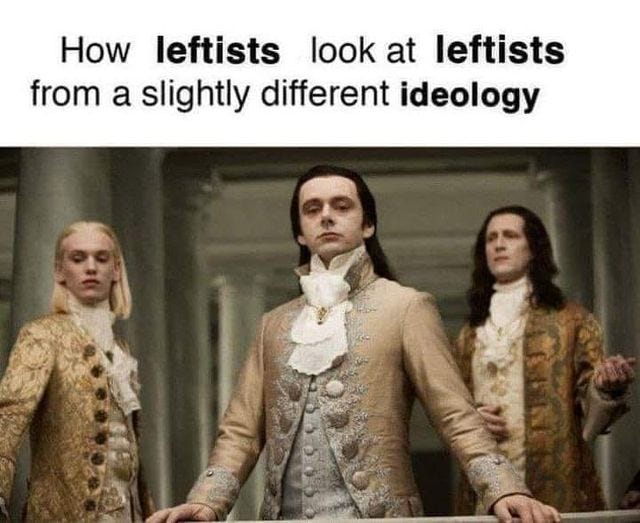 May be an image of 3 people and text that says 'How leftists look at leftists from a slightly different ideology'