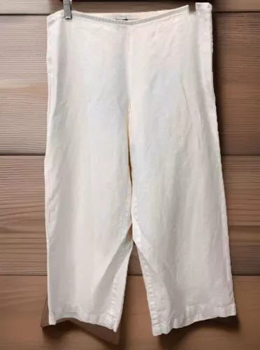 Vintage Eileen Fisher Size Small Ivory Linen Wide Leg Cropped Pants Side Zip - Picture 1 of 5