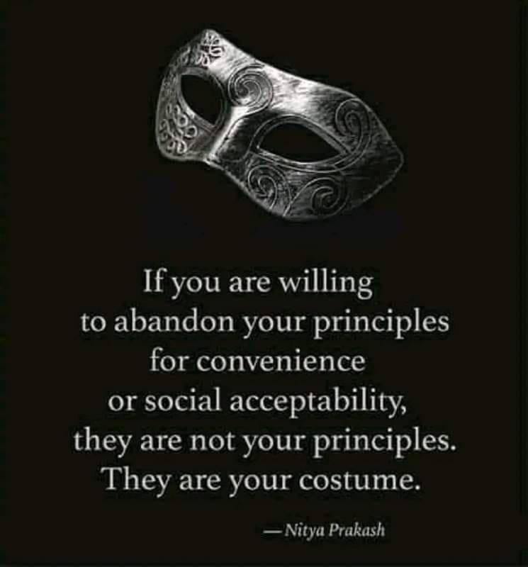 May be an image of text that says "Ifyou are willing to abandon your principles for convenience or social acceptability, they are not your principles. They are your costume. ÛitaPra"