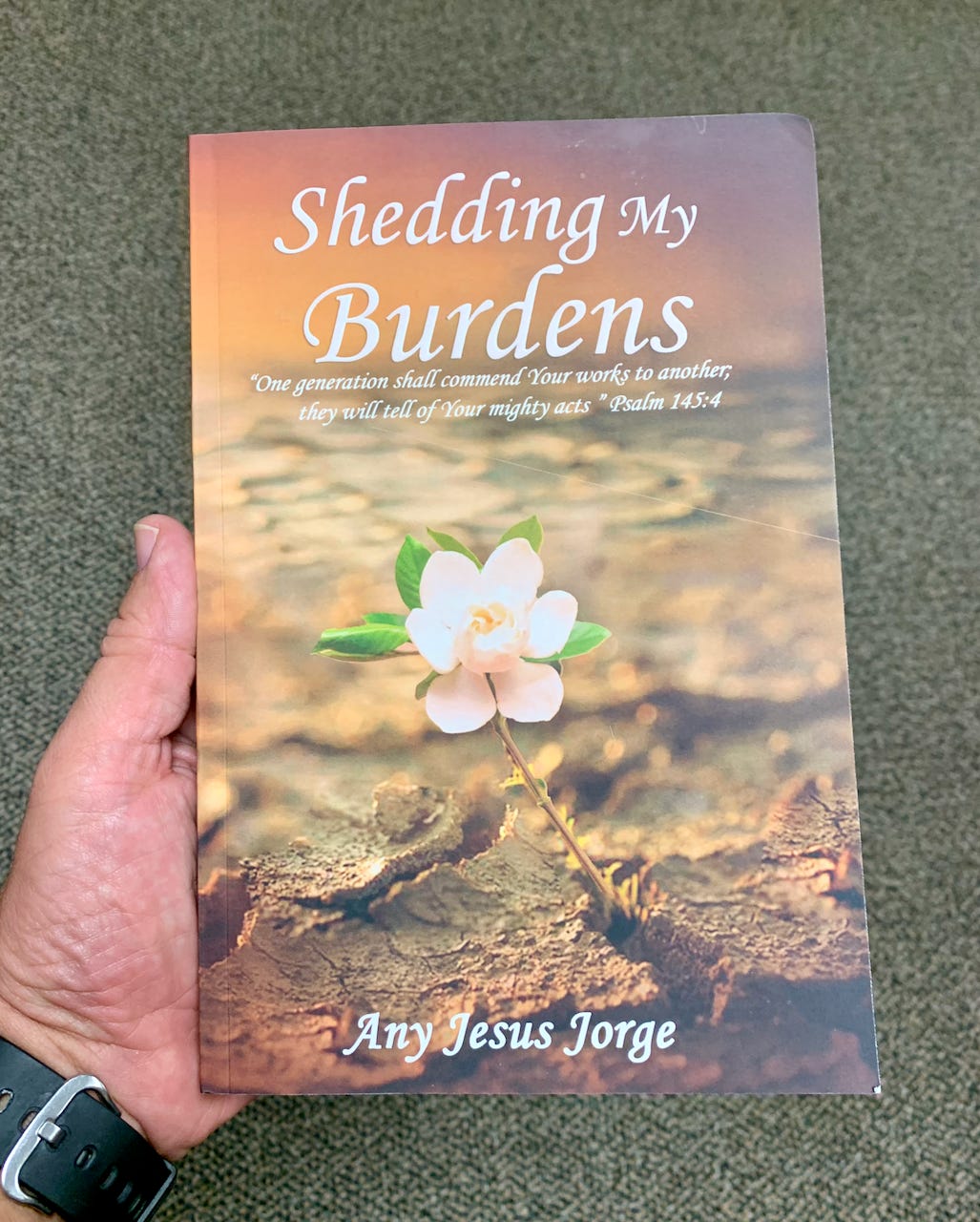 Picture of hand holding the book Shedding My Burdens by Any Jesus Jorge