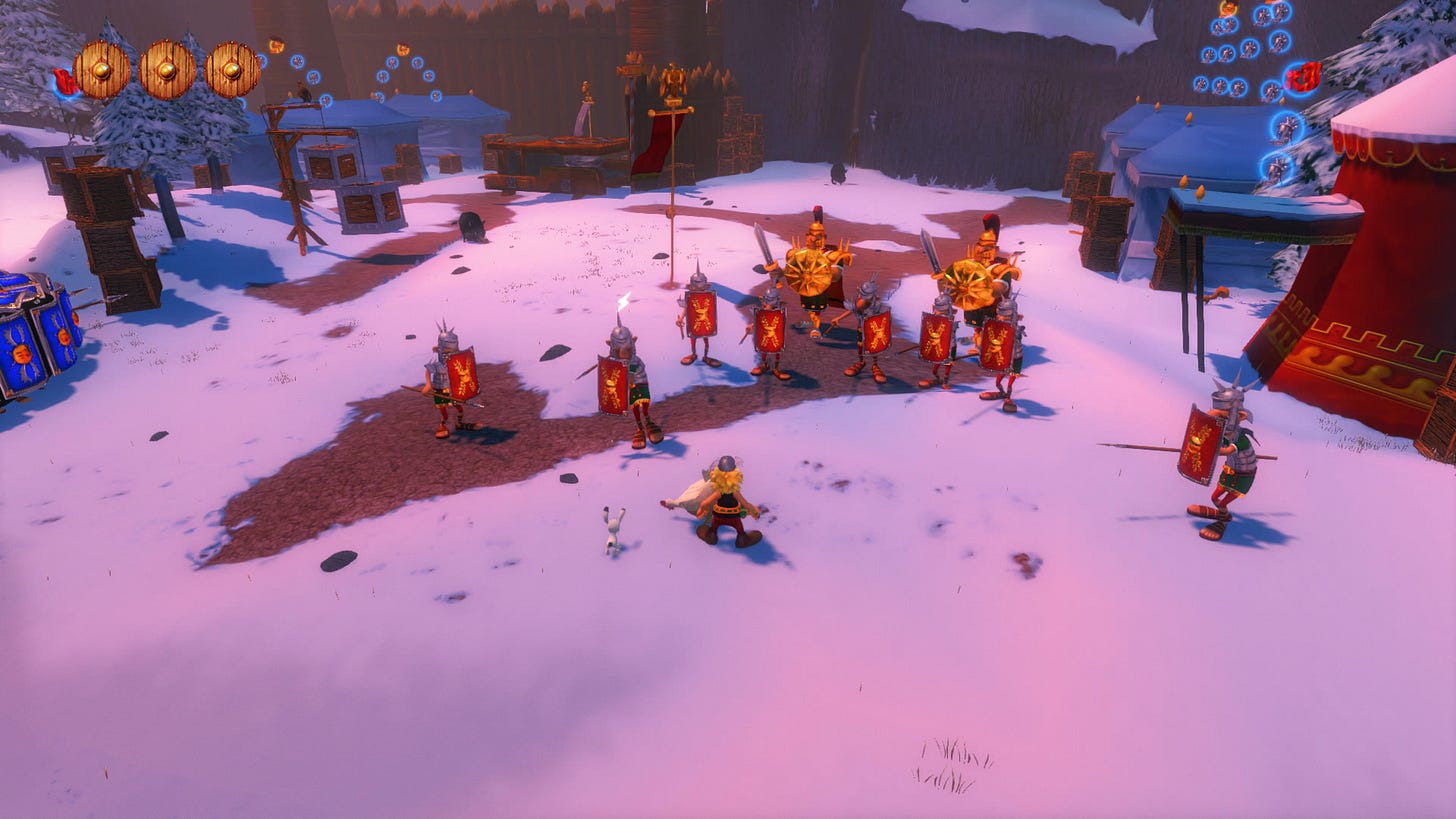 Screenshot from the game. Asterix squares up to a squad of Roman soldiers in a snowy encampment, with lots of collectible helmets floating in midair around him