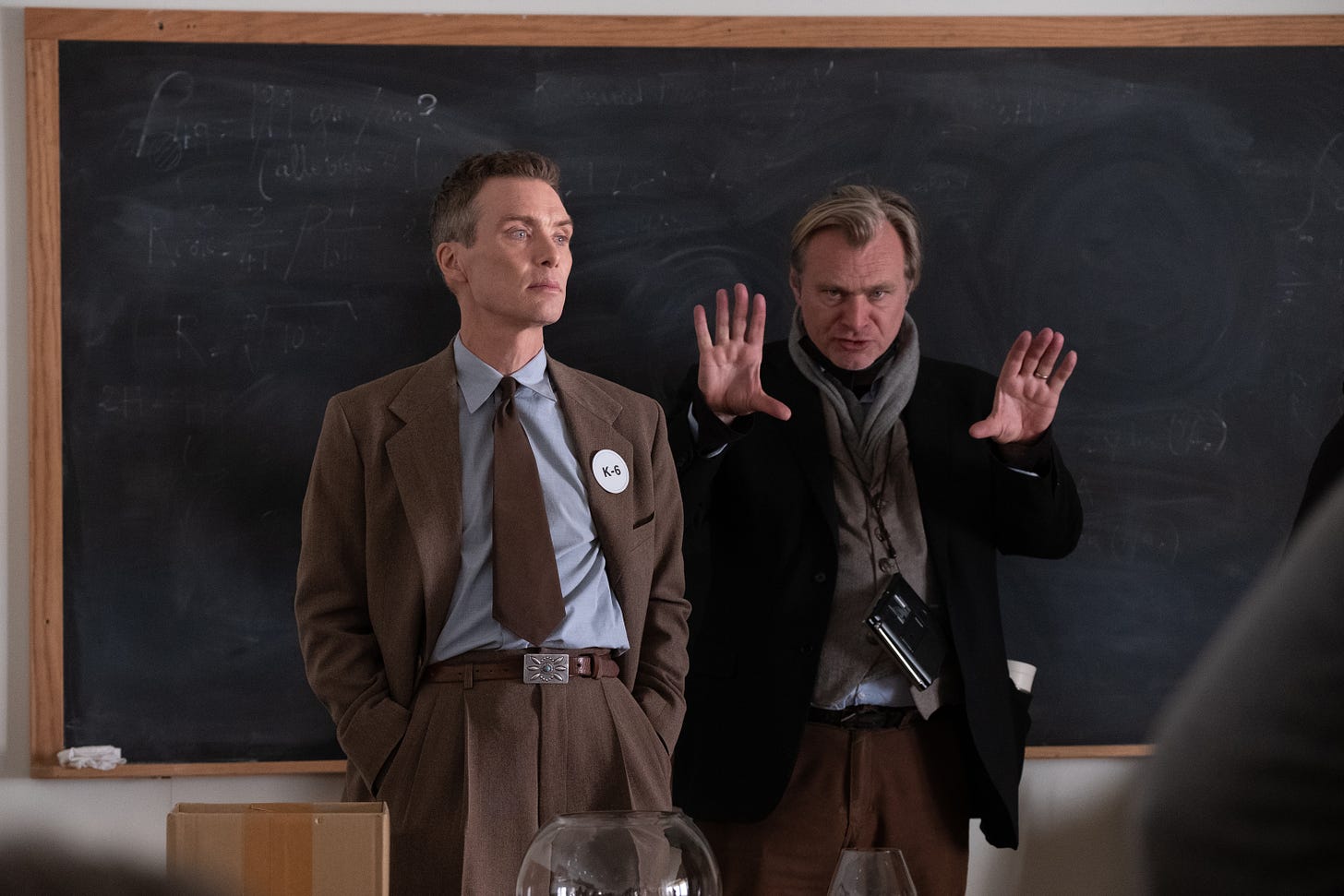 Cillian Murphy and writer-director Christopher Nolan on the set of Oppenheimer