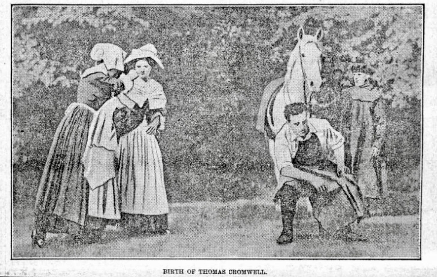 A black and white newspaper photograph showing two women, holding a baby, a man dressed as a blacksmith seated, another man holding a horse behind him.