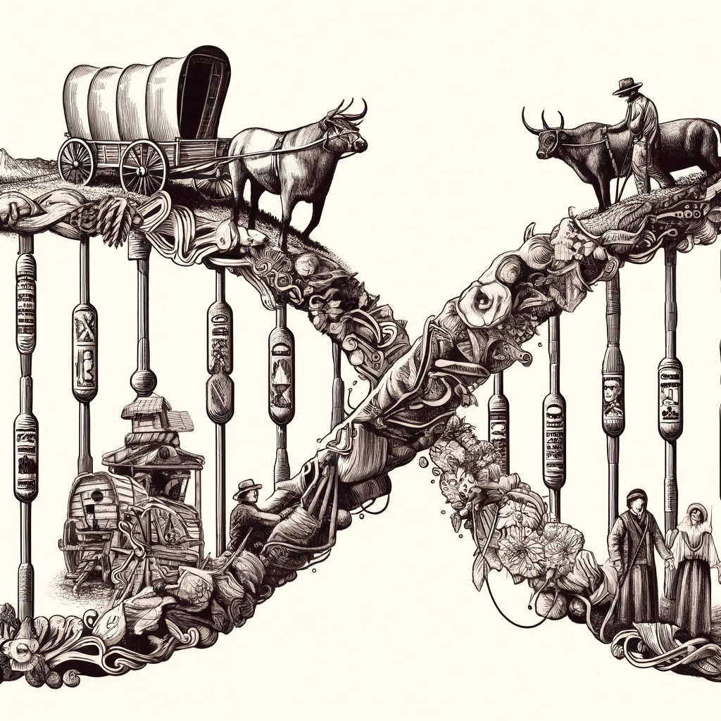 A creative illustration featuring DNA strands intricately intertwined with symbols associated with Mormon pioneers. The DNA strands are designed to incorporate motifs such as wagon wheels, oxen, and other symbols of journey and hardship. These elements reflect the pioneer spirit, emphasizing the connection between heritage and the biological essence carried in DNA. The overall aesthetic is detailed and artistic, merging historical themes with a scientific concept.