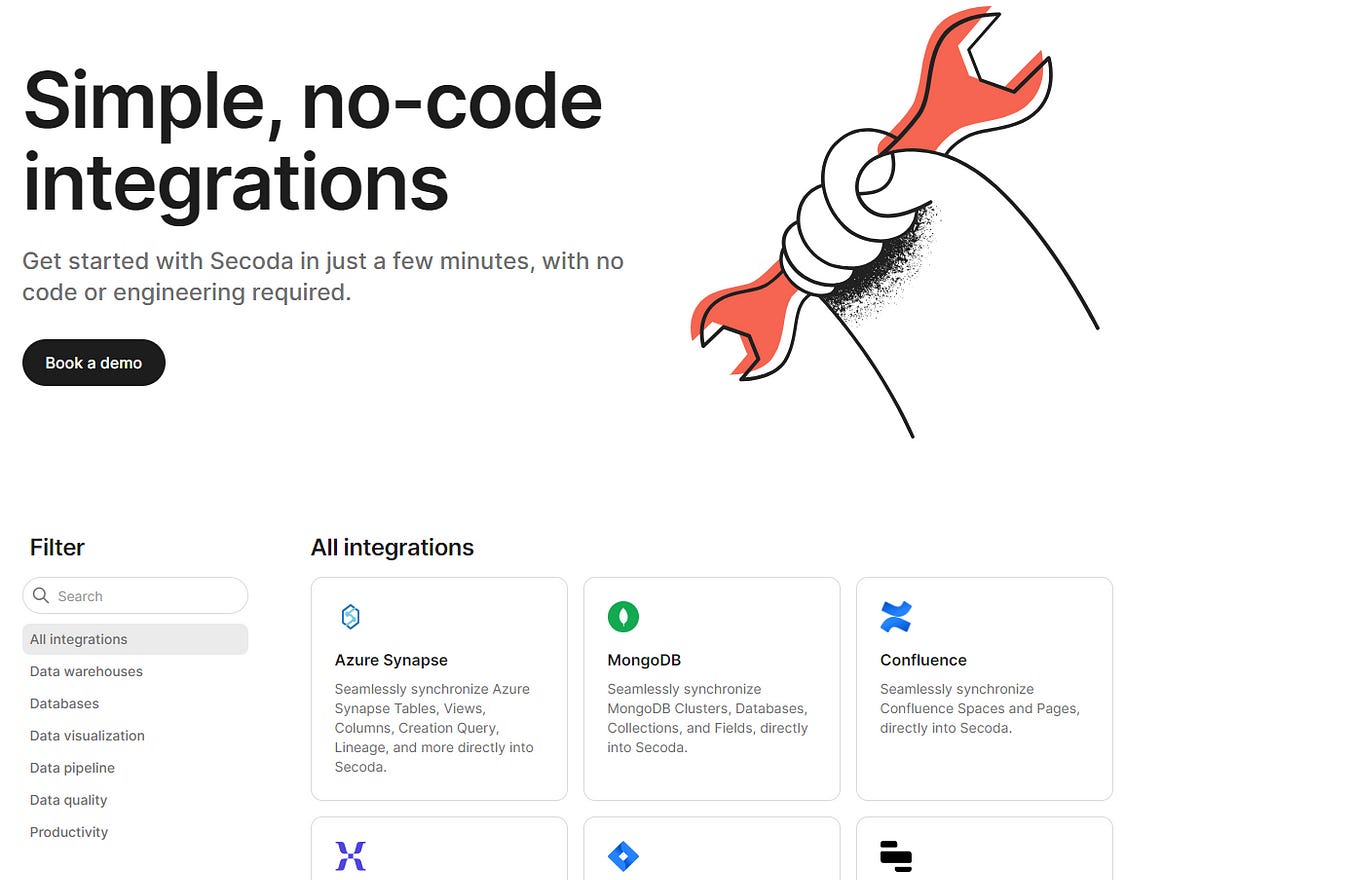 Integrations are straightforward using a data catalogue — this is Secoda’s homepage