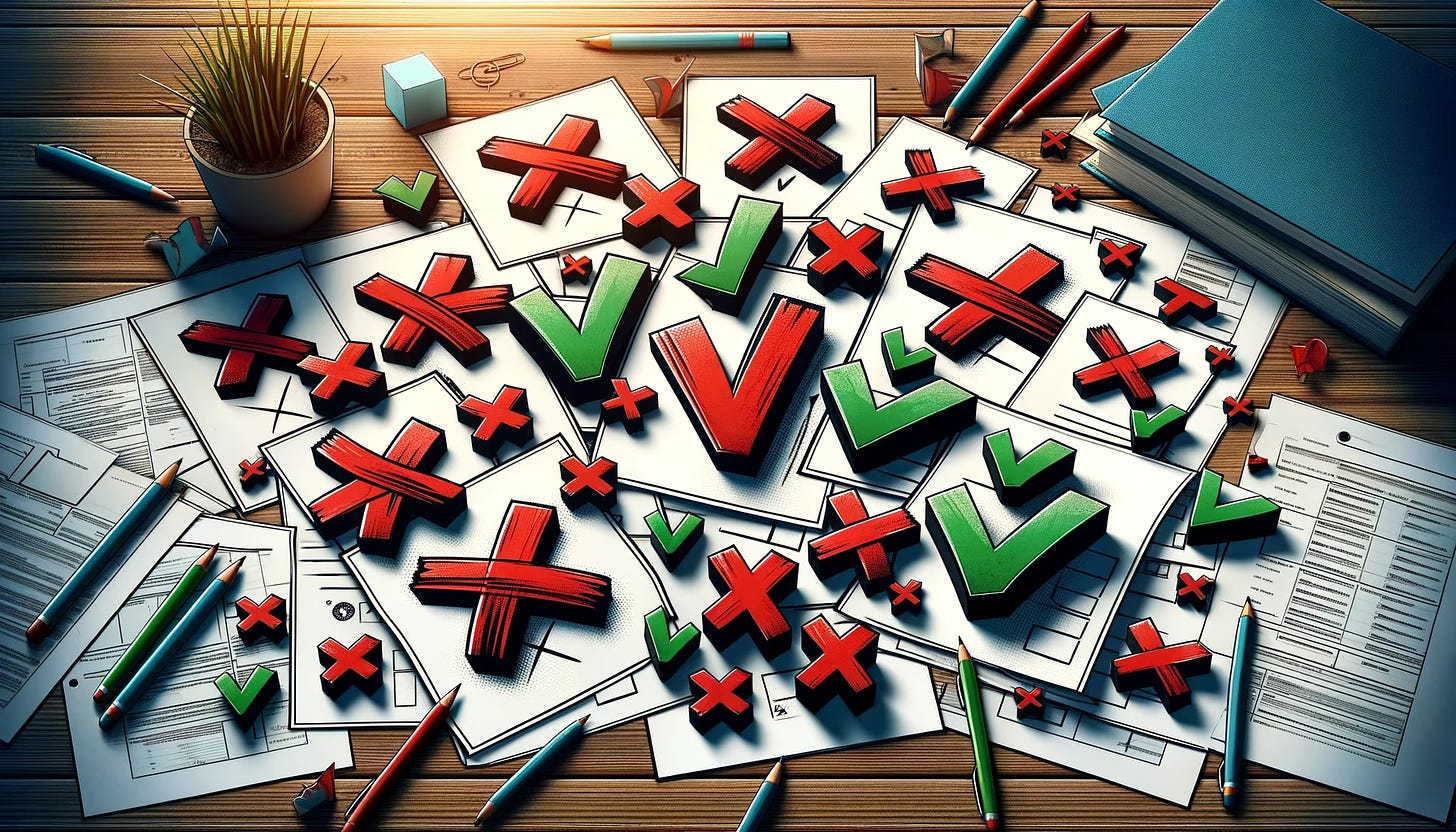 AI-generated image depicting a focus on the concept of learning through mistakes with papers marked by red Xs, and success with fewer green check marks.