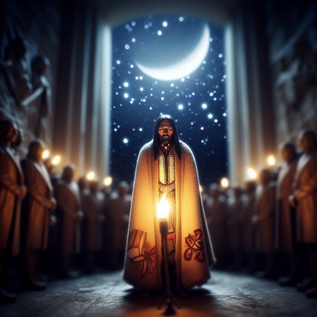 hyper realistic ;tiltshift; lens baby effect; the Crypt of the Monument to the Battle of Nations by DanielGliese. A man stands in the dark night with stars in the sky. he is serene, He is standing before many men, he is their representative. He has native american symbols on his robes. He holds a lit torch.