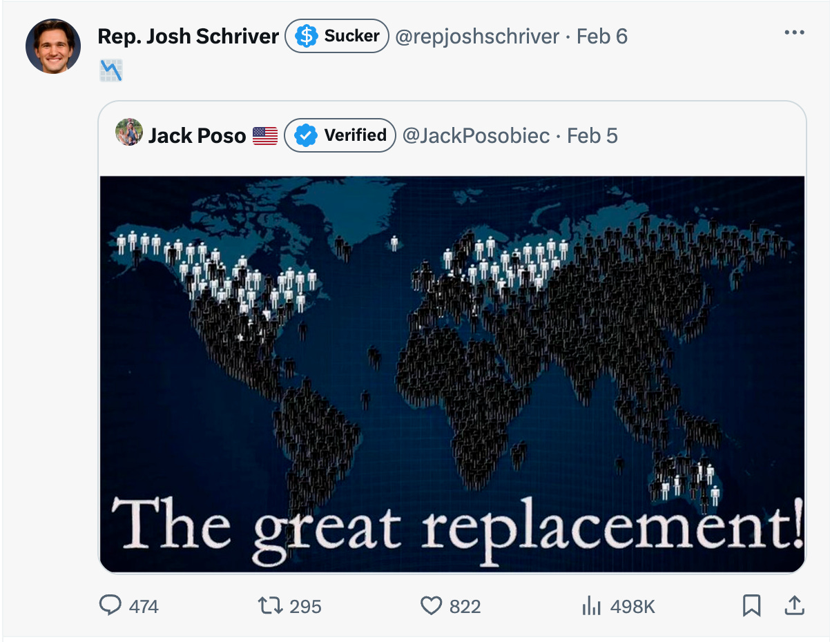 "The great replacement" tweet shows a few little white bodies and hundreds of little black bodies spread over the continents.