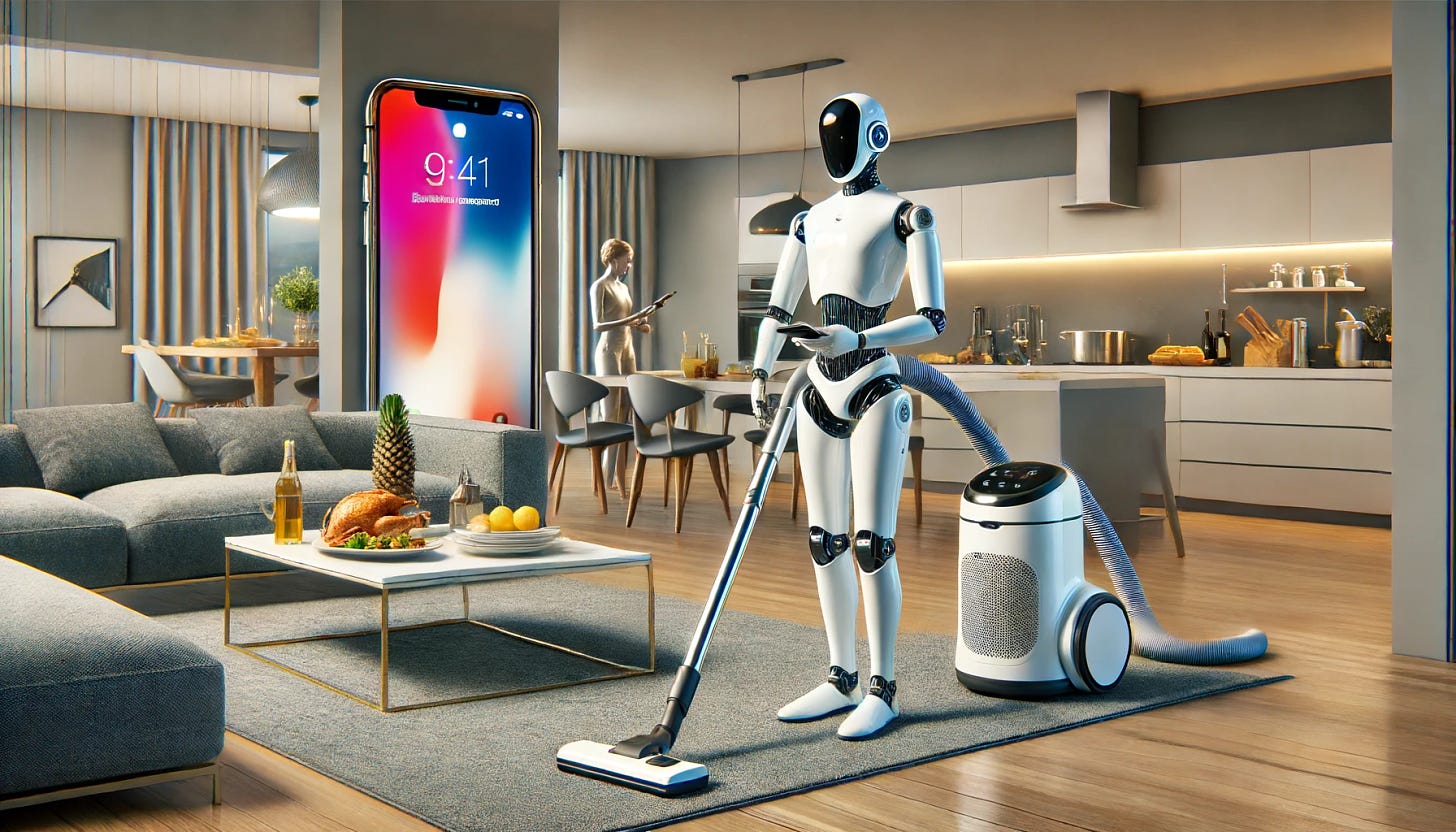 A futuristic living room scene where a humanoid robot is holding a phone inspired by an Apple iPhone. The robot is vacuuming the living room, which is sleek and modern with advanced technology. In the background, dinner is cooking in a high-tech kitchen with automated appliances. The overall setting is in the future, with a mix of clean, minimalist design and cutting-edge technology.