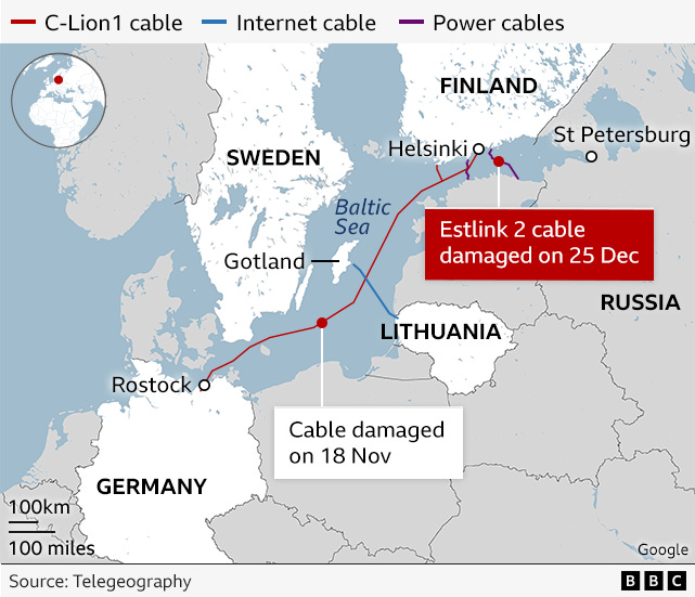 Map showing damaged cables in the Baltic Sea