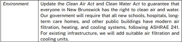 A screenshot of the mandate letter to the Honourable Chuck Chiasson, Minister of Transportation and Infrastructure. In outlines his responsibilities, including to update the Clean Air Act and the Clean Water Act, to require new schools, hospitals, long-term care homes, and other public buildings follow ASHRAE 241, and to add suitable air filtration and cooling units to existing infrastructure.