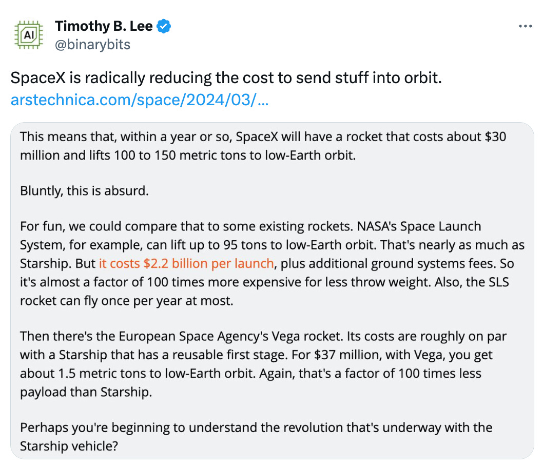 Post See new posts Conversation Timothy B. Lee @binarybits SpaceX is radically reducing the cost to send stuff into orbit. https://arstechnica.com/space/2024/03/thursdays-starship-flight-provided-a-glimpse-into-a-future-of-abundant-access-to-space/