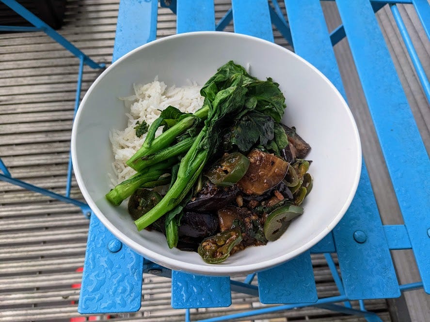 bowl of rice, seared greens and thai basil eggplant and chiles