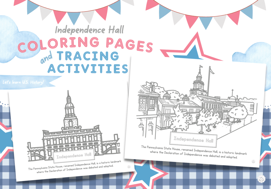 This featured images shows two different Independence Hall Coloring Pages!