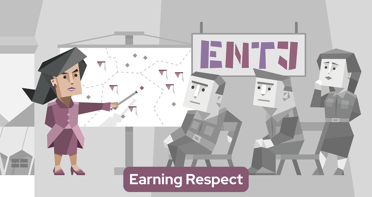 A female ENTJ professional stands in front of a strategic planning board. She wears a purple outfit and is holding a pointer, gesturing towards various diagrams and symbols on the board. Three grayscale colleagues watch attentively, two sitting men and one standing woman. Behind them, the letters "ENTJ" are prominently displayed on a sign.