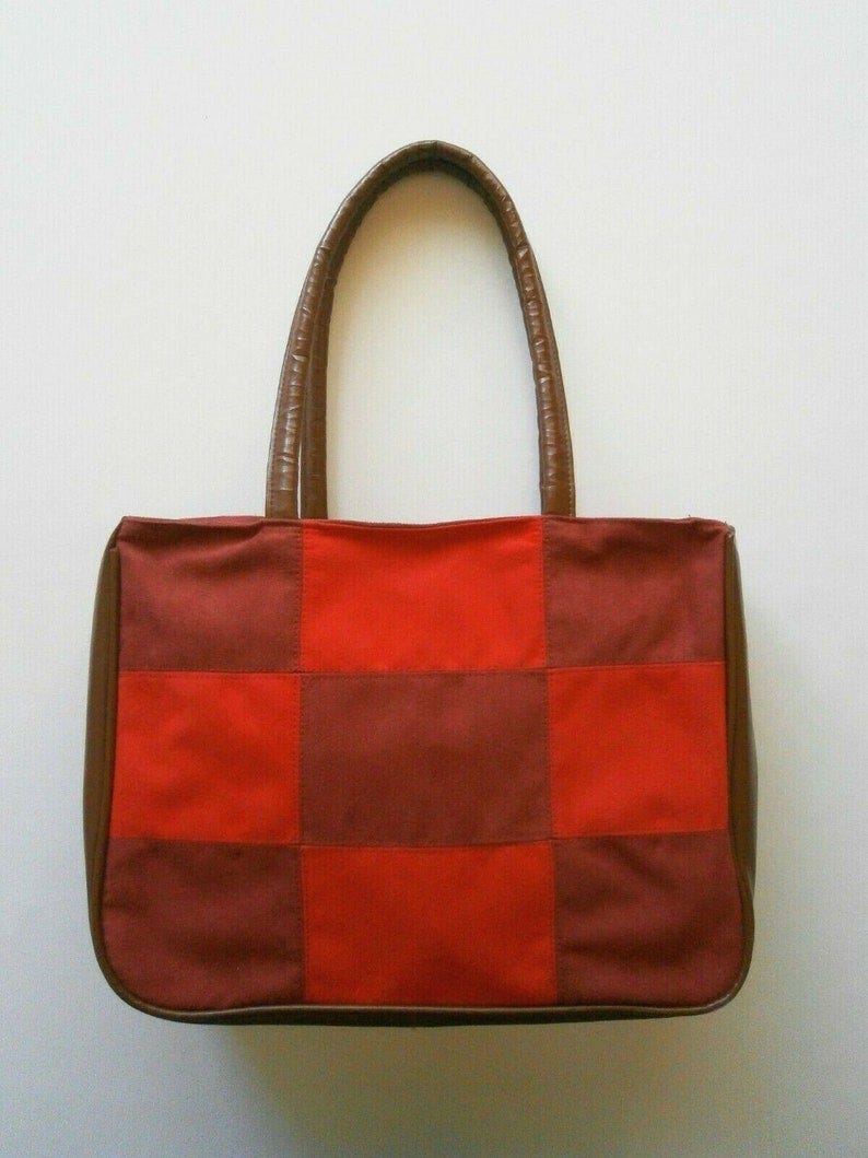 Vintage Tote Bag 1970s Brown Skai With Red / Dark Red Checkered Suede Front And Back Top Condition image 1