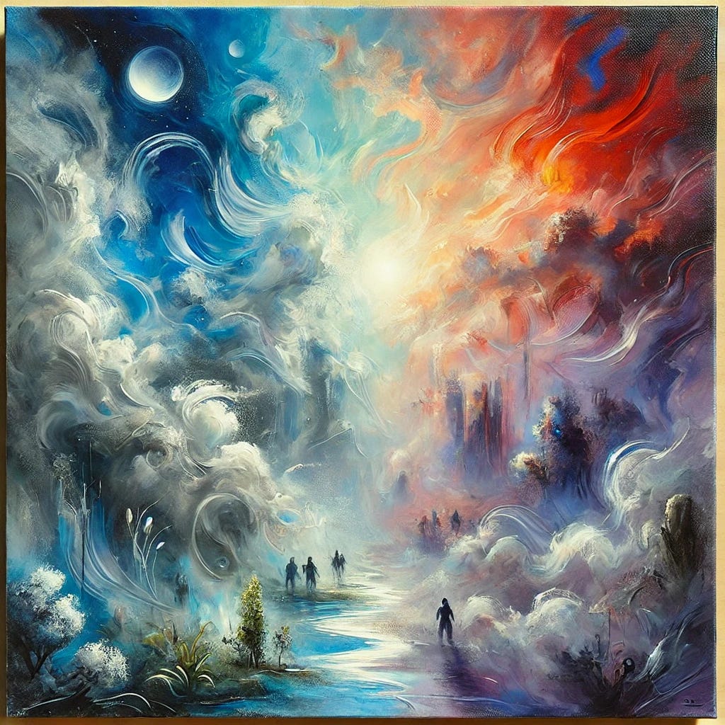 A vibrant square oil painting with expressive, bold strokes depicting a scene that symbolizes the theme of 'no pandemic,' even though everyone believes there was one. The artwork features abstract elements that represent illusion and confusion—hazy swirling patterns in the foreground that dissolve into emptiness, symbolizing the false perceptions. Cool blues, grays, and purples dominate the palette, suggesting calm beneath the surface. Around the edges, there are hints of fiery reds and oranges, representing the hysteria and panic, contrasting with a central calm, clear space that signifies truth and clarity.