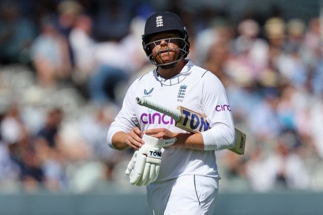 Jonny Bairstow walks back after being dismissed by Anrich Nortje in both the innings