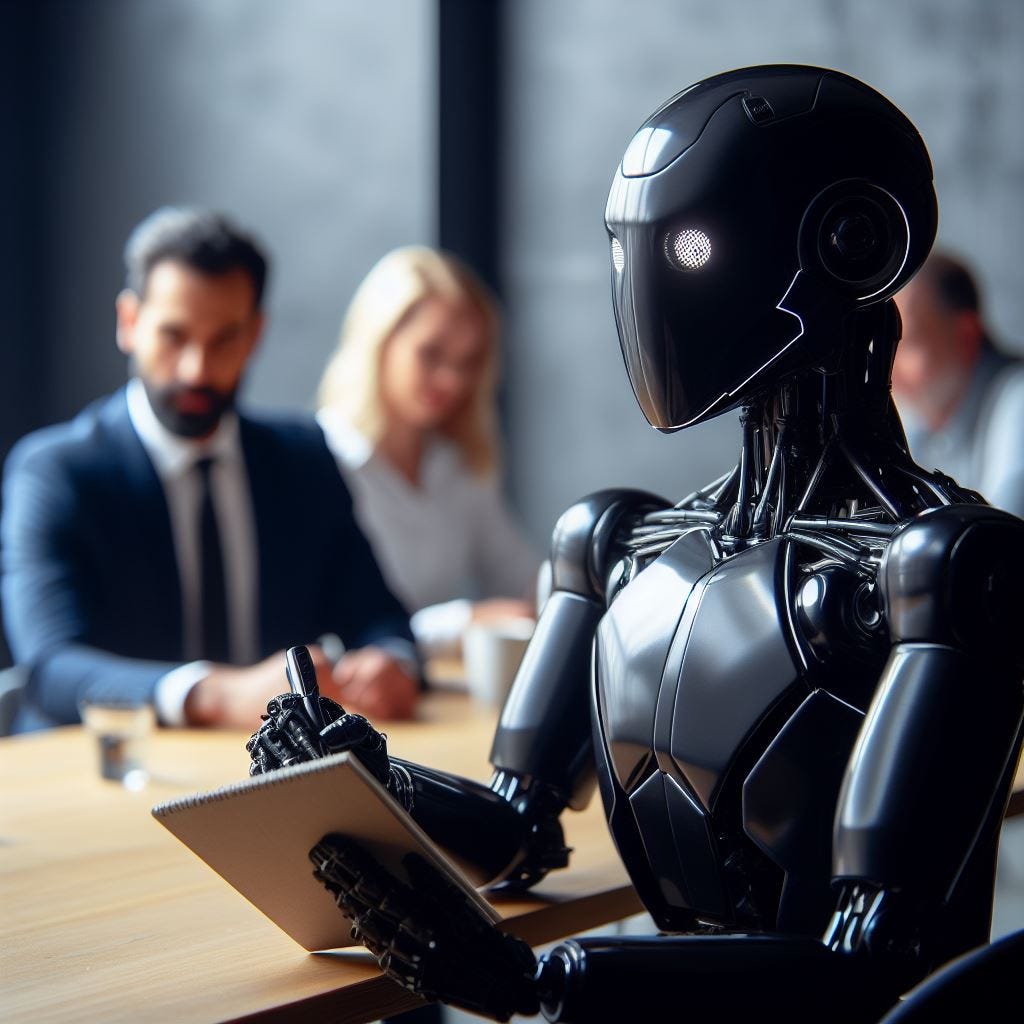 a futuristic robot taking notes during a business meeting with humans, natural lighting, shot on DSLR