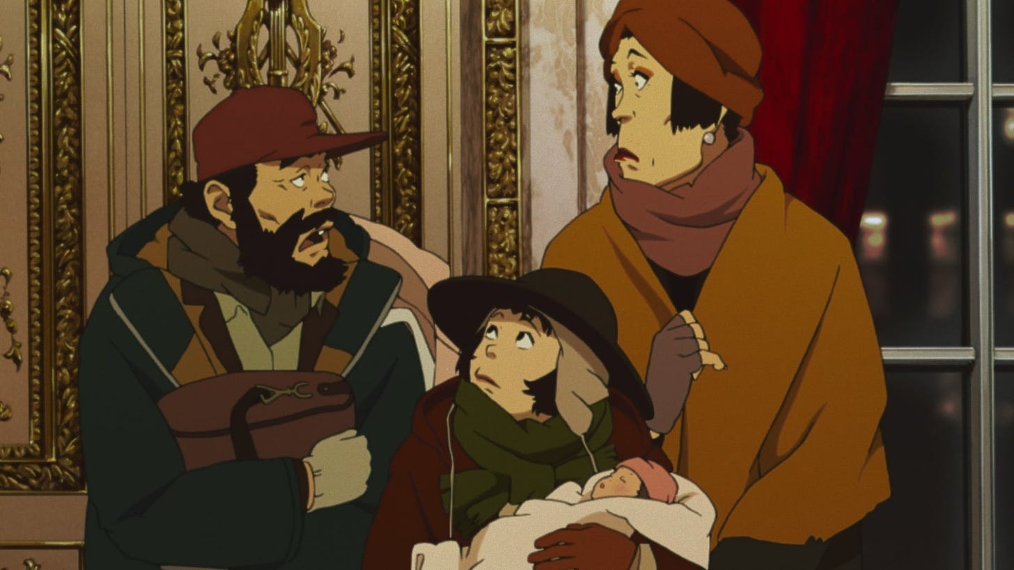 Tokyo Godfathers | Still features three homeless people: Gin, a bearded drunkard, Hana, a transgender woman, and Miyuki, a teenage runaway girl all looking confounded as they care for an abandoned baby.