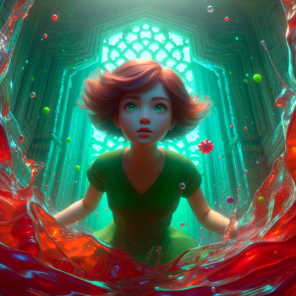 Hyperrealistic; tilt shift; everything is falling.foreshortening. mermaid with short chartreuse and brown sea kelp hair flowing. She is looking at confused swimming toward camera through red jello with Quatrefoil on wall inside it: mermaid with neon blue Gothic Tracery inside: light green glowing decorative tiles. glowing coral light contains the Angkor Wat, Cambodia: red jello, sea kelp. Moonlit night with starry skies green sparkles.Tilt-shift. ethereal. red jello sea