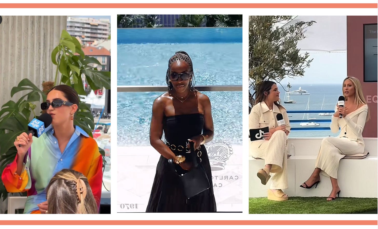 3 screenshots of vertical video. From left to right creators at Cannes: Tinx with a nAd Age blue microphone, Jackie Aina in a black dress in front of a pool and Alix Earle being interviewed by TikTok with water and boats in the background